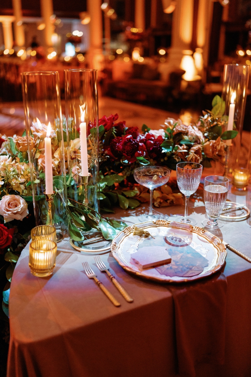 table settings at a sweetheart table for DTLA indoor ballroom wedding reception cathedral