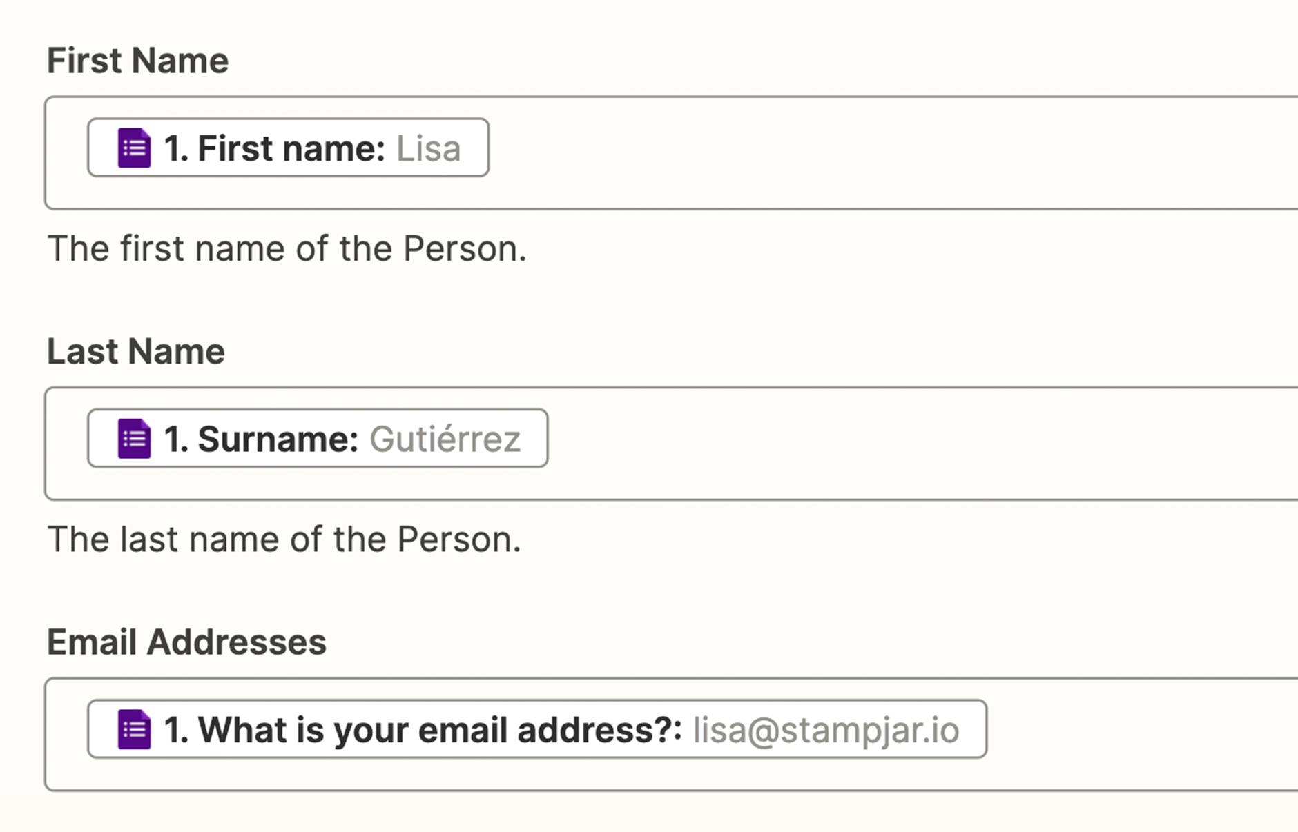A Zap is being configured in Zapier, with fields being mapped to prior steps in the process. In this example, names and email addresses are being pulled from a Google Form to use elsewhere.