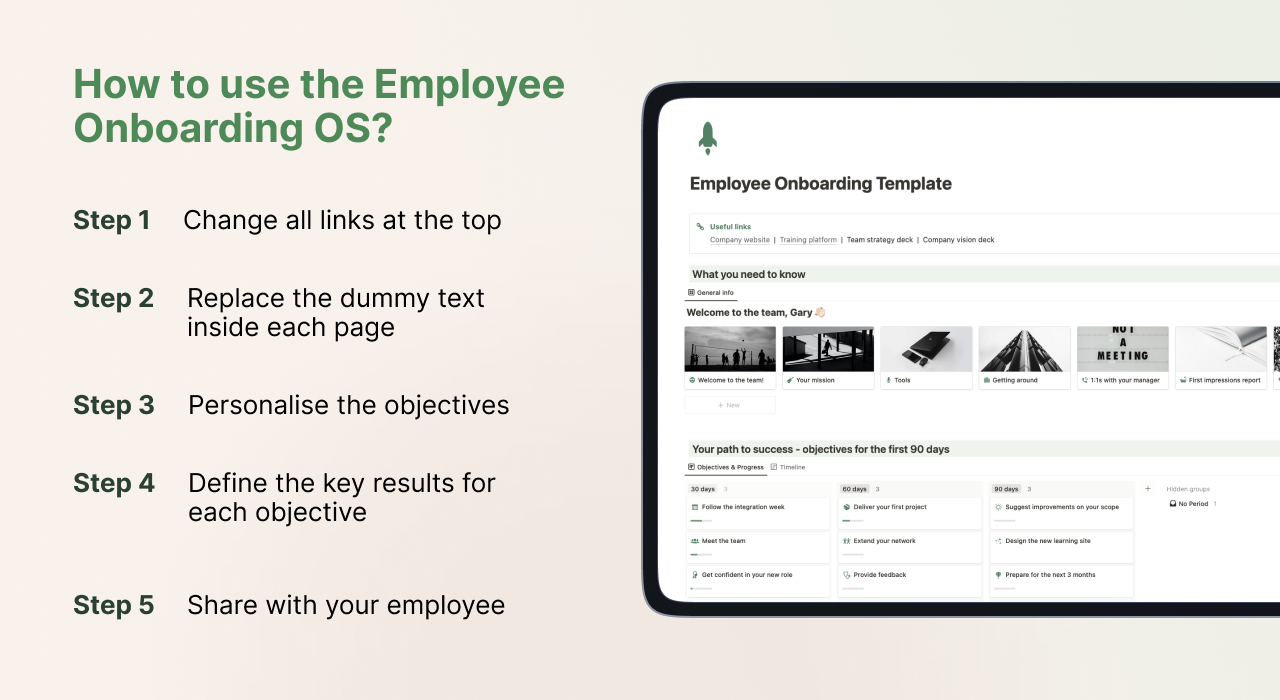 Guide on how to use the employee onboarding template in Notion.