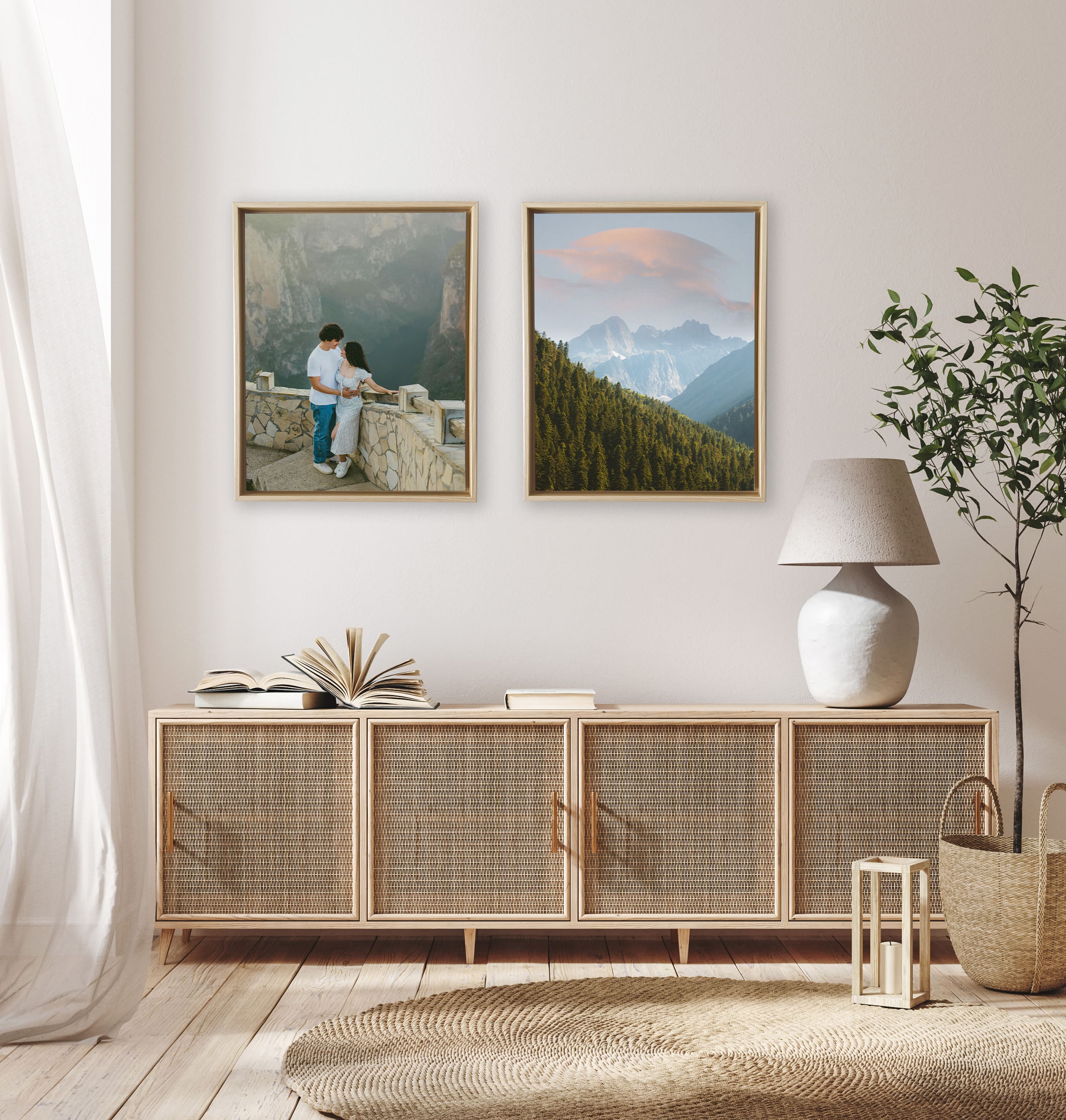 Canvas prints in float frames of couple and mountain landscape