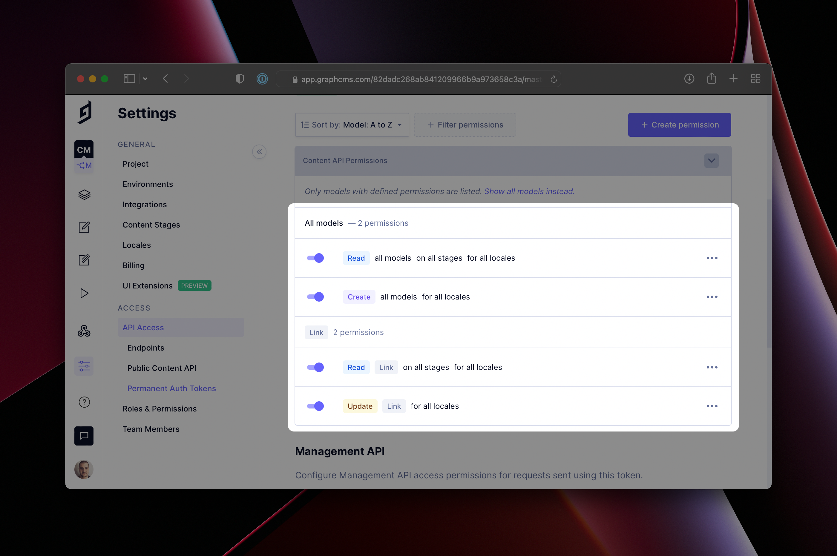 Permanent Auth Token Permissions