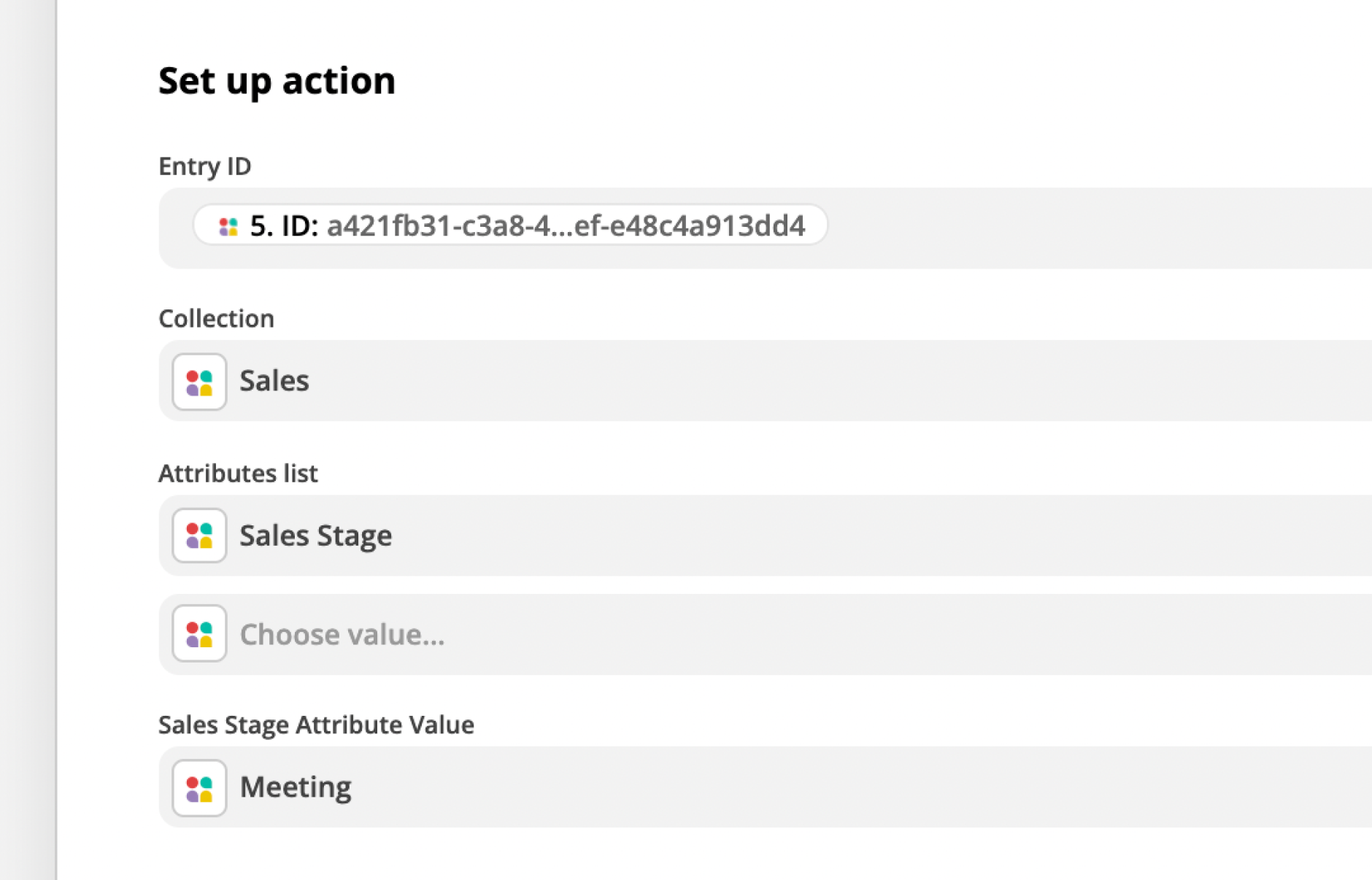 The Set up action window in Zapier. These completed fields tell Zapier which list to create an entry in (Sales) and which kanban stage (Meeting) to move them to.