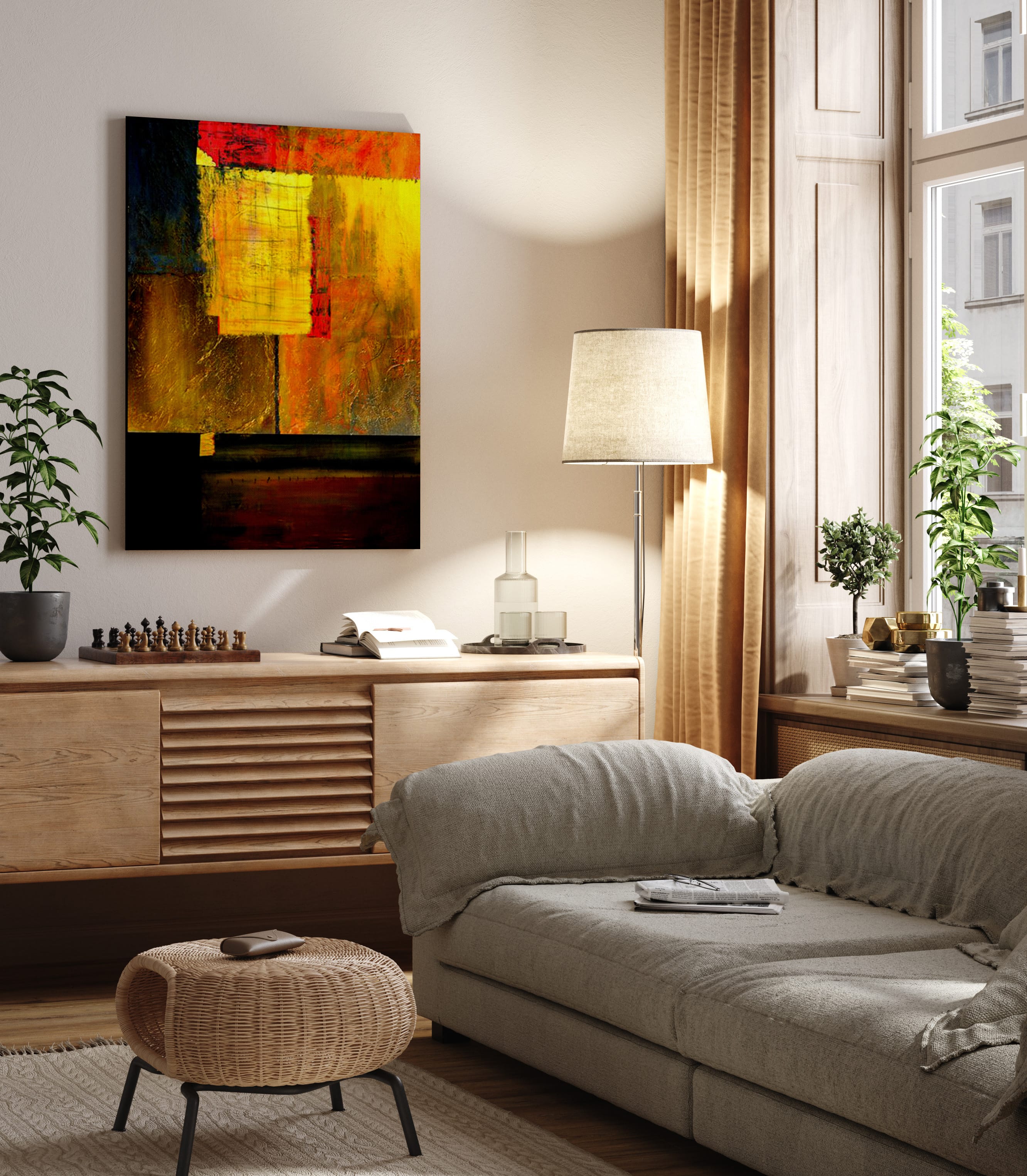 Abstract oil painting on canvas print in living room