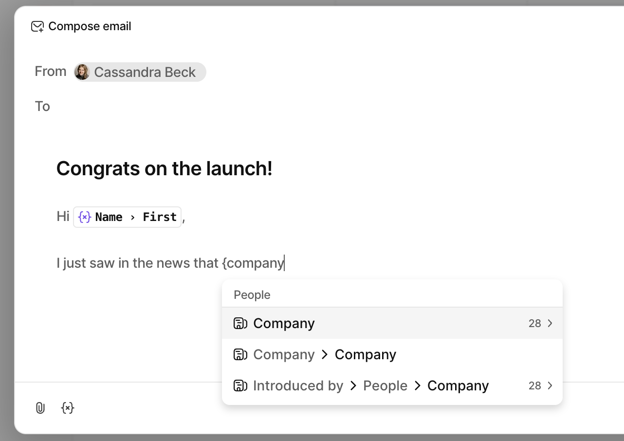 An email composition window showing a draft with a dropdown menu showing options for a variable, highlighting "Company"