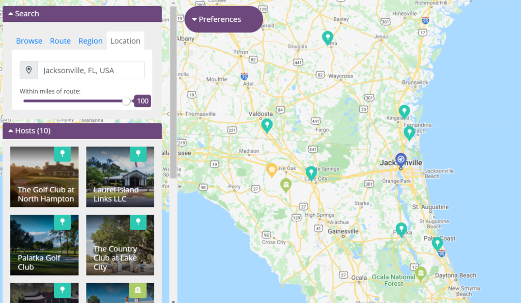 The Harvest Hosts location search feature allows members to see all the locations within 100 miles of Jacksonville, Florida.