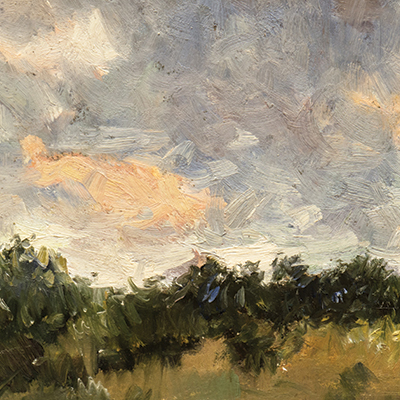 A water painting of land and sky at dusk