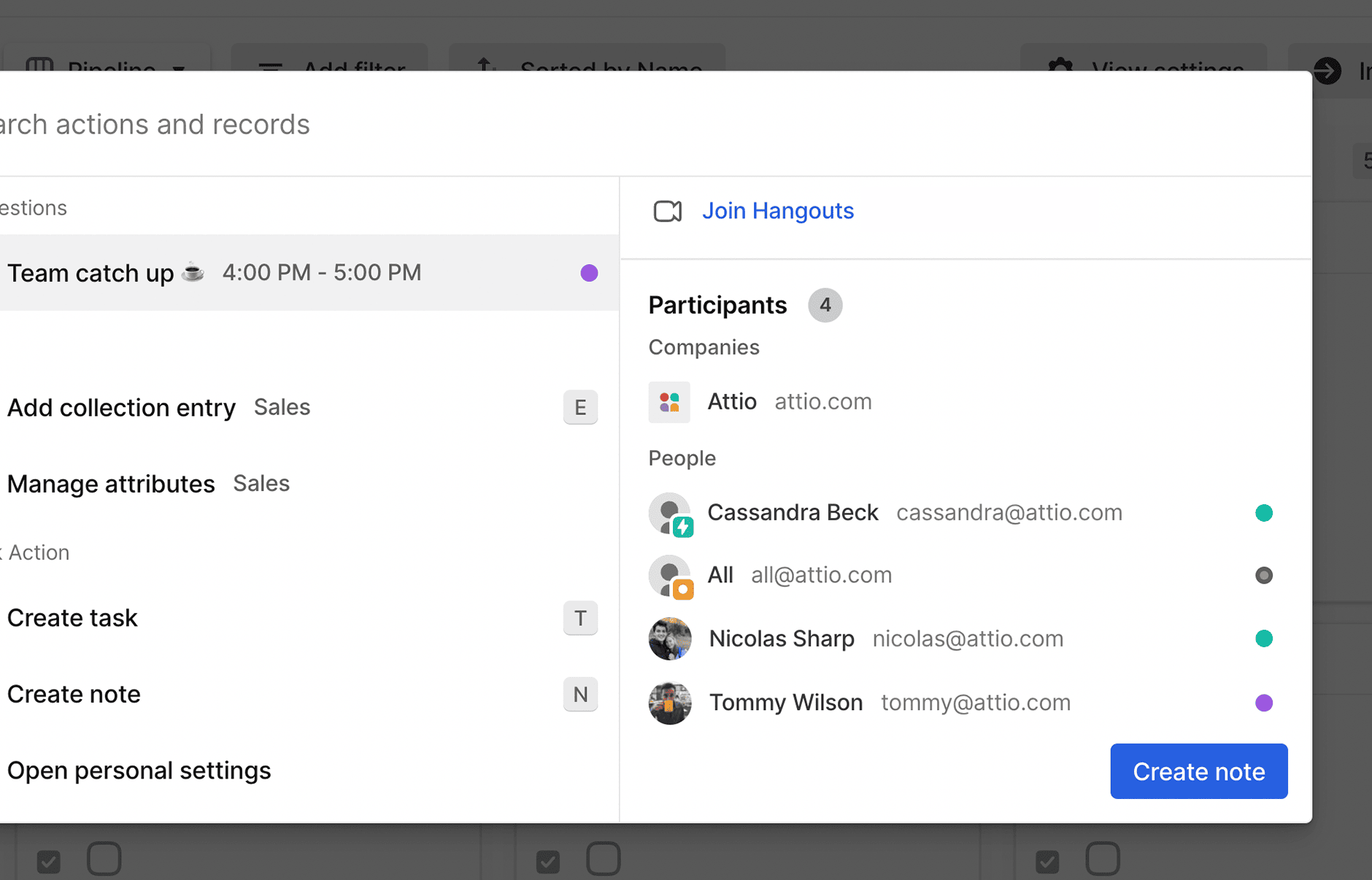 Close-up of the quick action window that appears when cmd + k is pressed anywhere in Attio. A sumamry of upcoming calendar events is shown, including attendees, your editable RSVP response, a link to the video call, and notes.