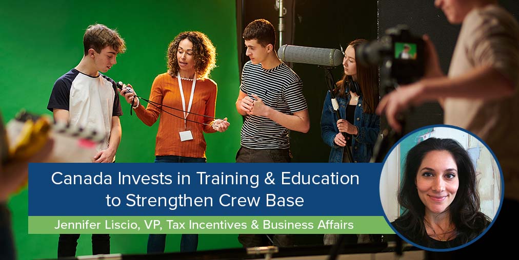 Wide image-Canada invests in crew training and education as teacher leads male and female students on a film set