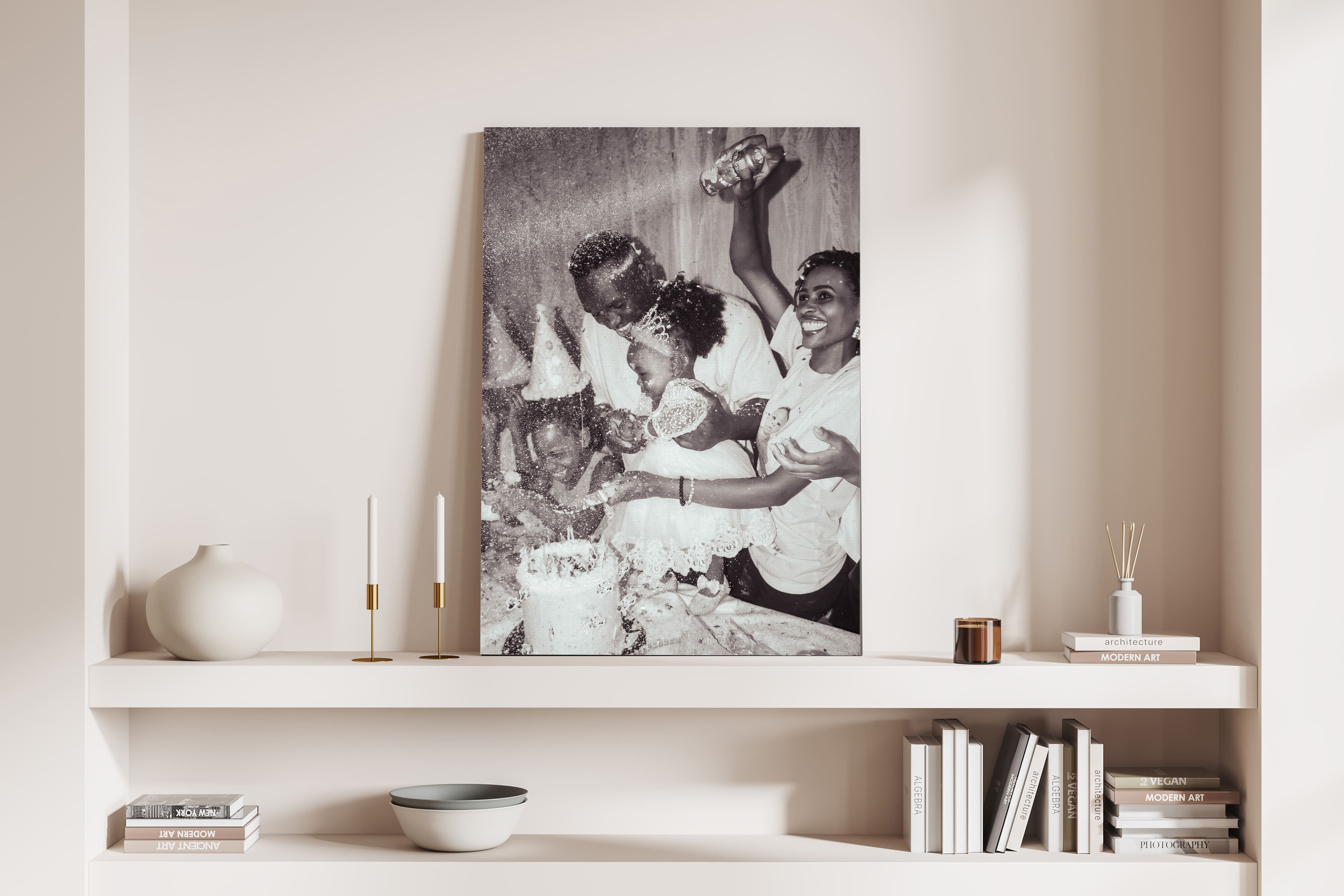 Black and white canvas print on shelf of family