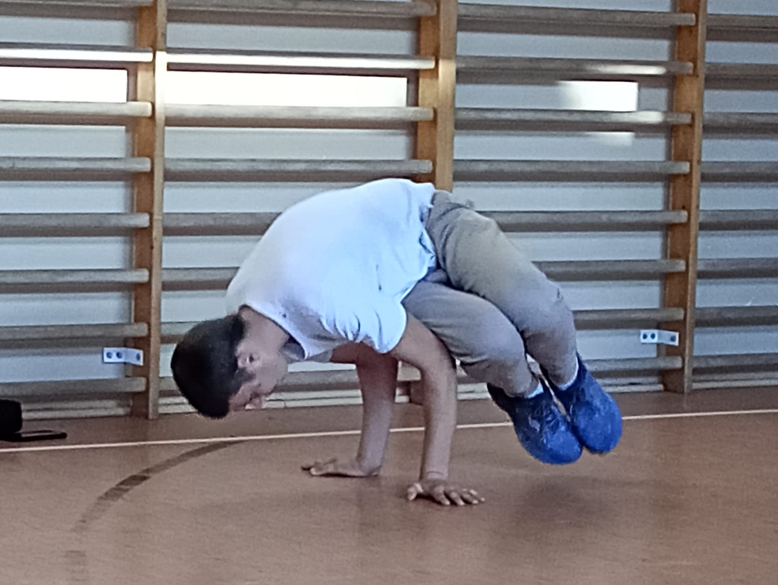Zajęcia z programu "Fajna ferajna" | Trener tańca pokazuje na sali ginastycznej jedną z figur, opierając się tylko na rękach, reszta ciała nie dotyka podłoża. Z tyłu drabinki..jpg