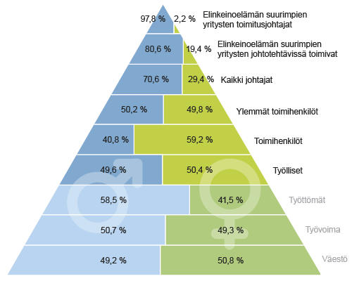 Kuvio 1. Miehet ja naiset työelämän ja yhteiskunnan eri tasoilla 2013. Lähteet: Tilastokeskus, työssäkäyntitilasto; Sosiaali- ja terveysministeriön TASURI-hankkeen tilastoselvitys  