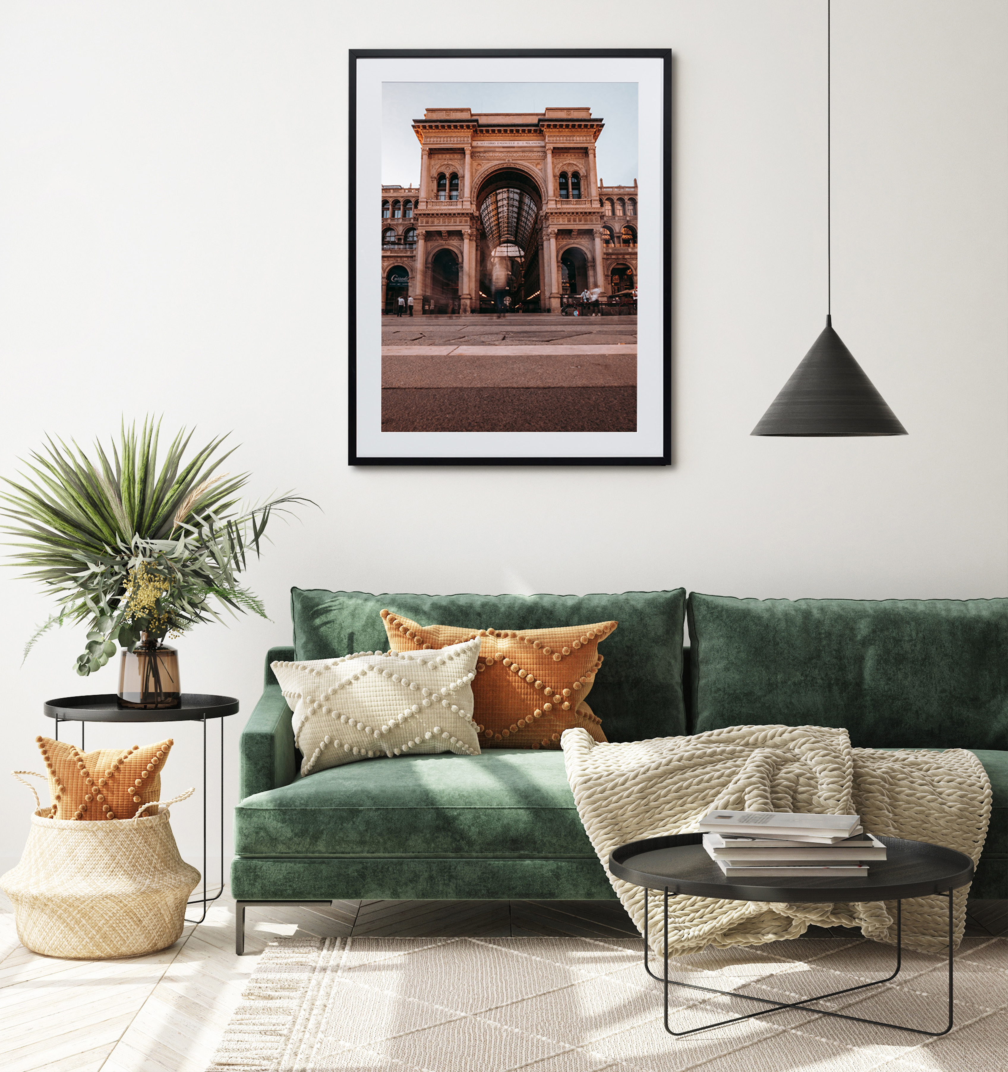 Framed print of a building on a white wall