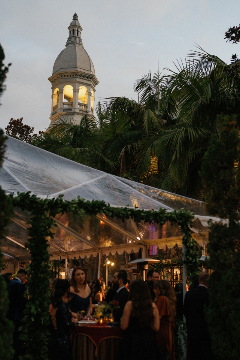 a wedding reception with outdoor tent cover at DTLA wedding