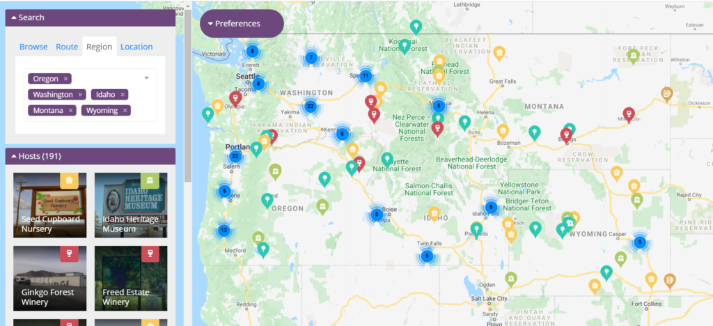The Harvest Hosts map search feature allows members to filter for a ceetain region. In this case, it is filtering for the Northwest region of the country, with Oregon, Washington, Wyoming, Idaho and Montana set as the states.