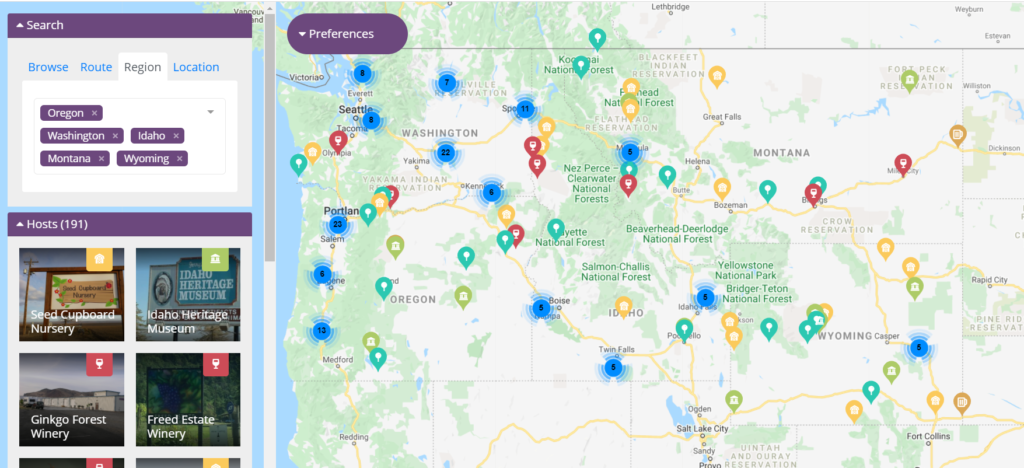 Harvest Host Locations Map - Dusty Shirlene