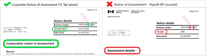 CRA Corporation Notice of Assessment-T2 Tax Return-PR Account.png