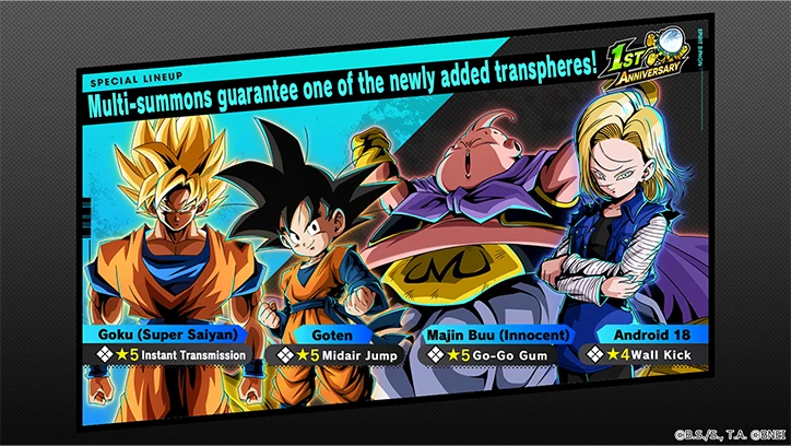 Graphic showing a special lineup with Goku (Super Saiyan), Goten, Majin Buu (Innocent) and Android 18