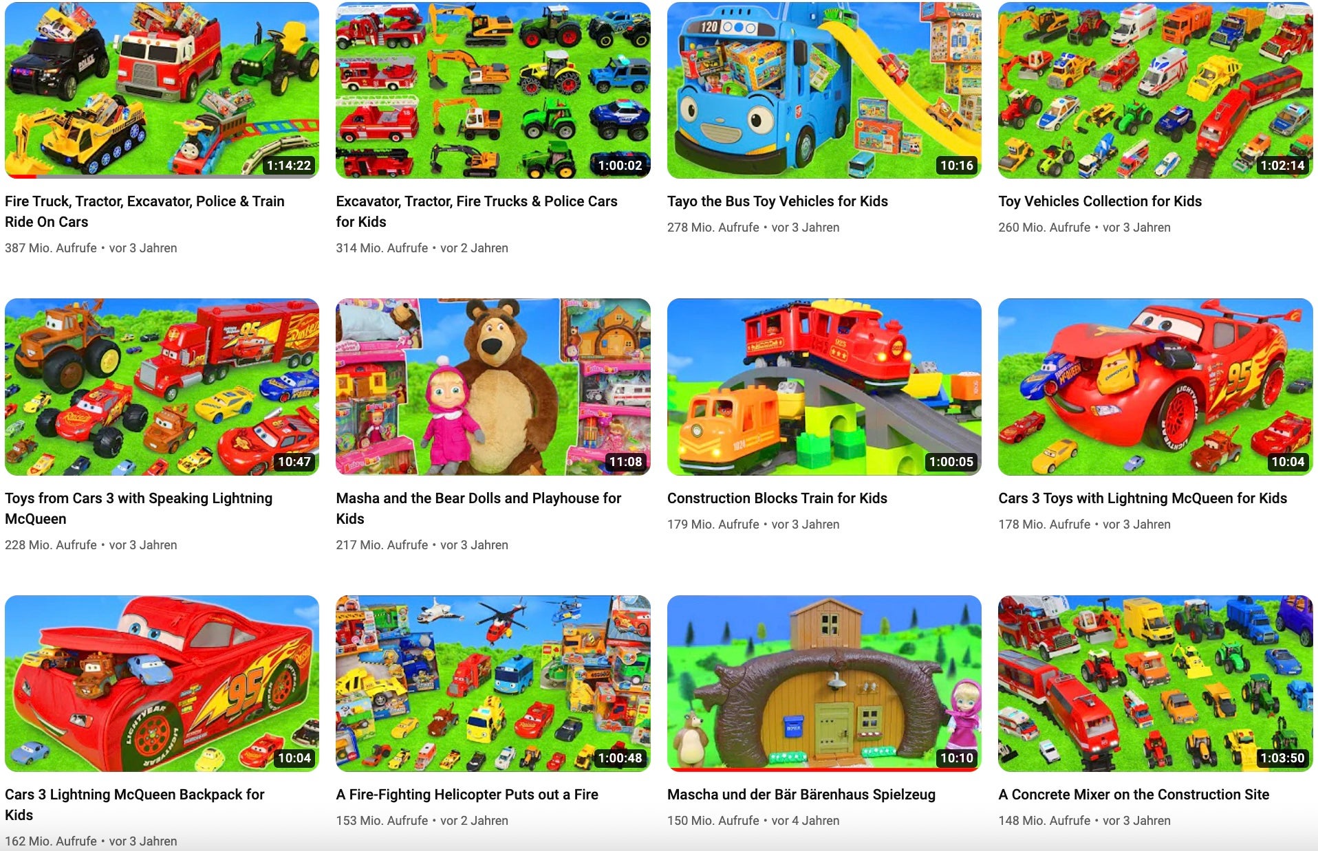 So sehen Thumbnails aus, die bei der jungen Zielgruppe funktionieren: Die Vorschaubilder der beliebtesten Videos des Kinder Spielzeug Kanals (Screenshot)