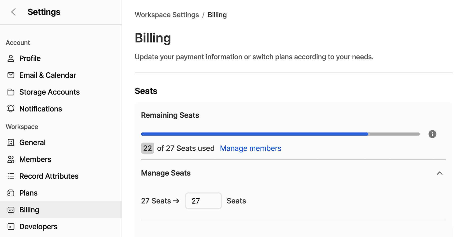 The Billing tab in Attio's Workspace settings window is shown. This tab shows how many seats the user has, and how many are currently being used. There's also the option to change the number of seats associated with account. 