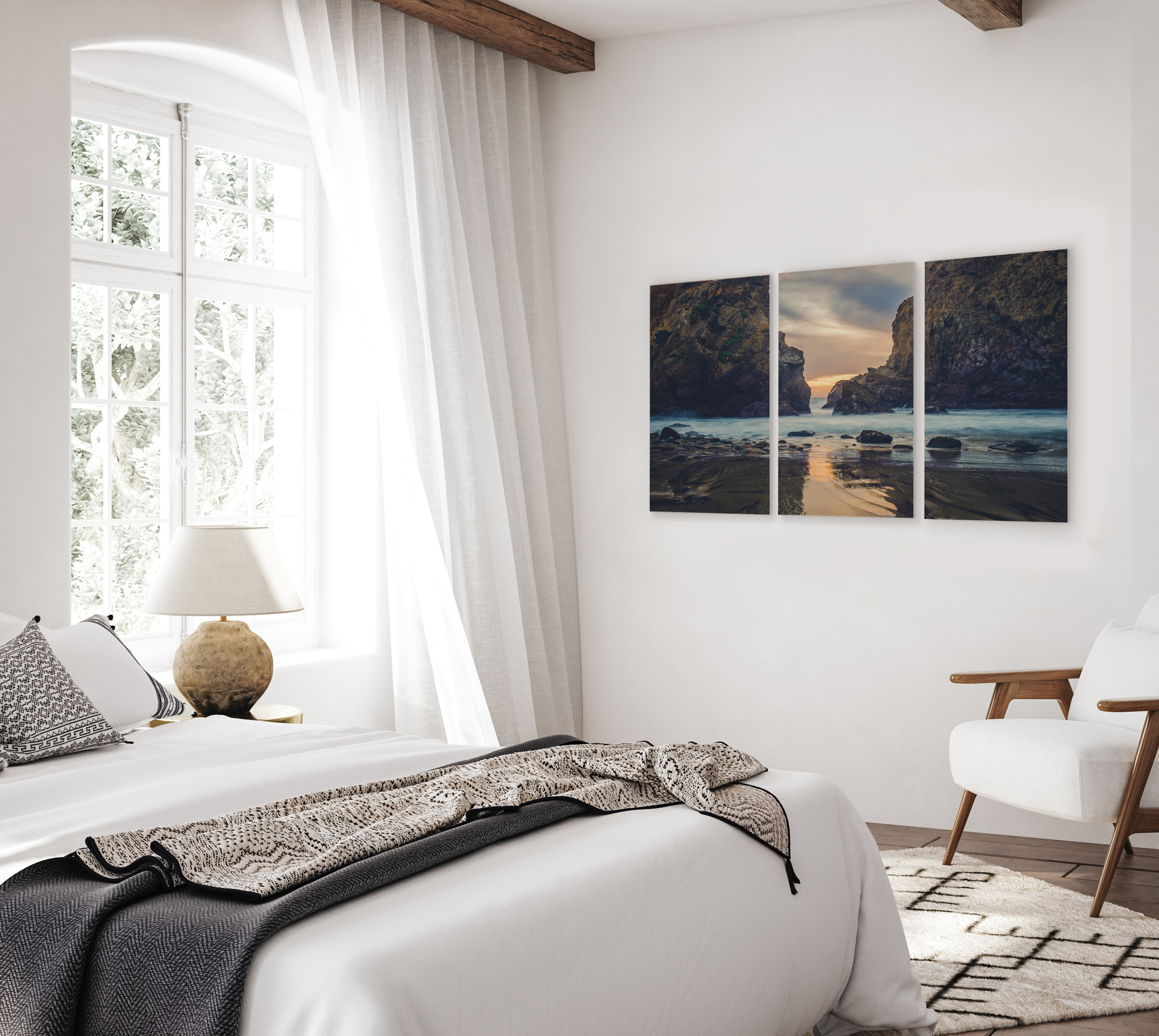 Triptych print of mountains and lake in bedroom