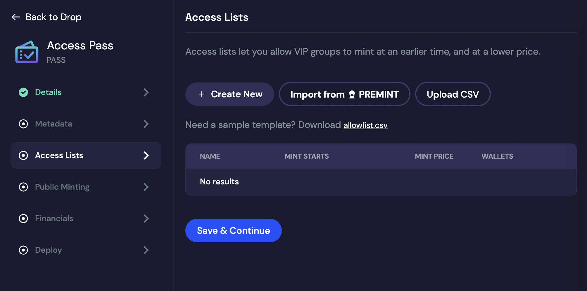 MintDrop screenshot of button to import access list in PREMINT