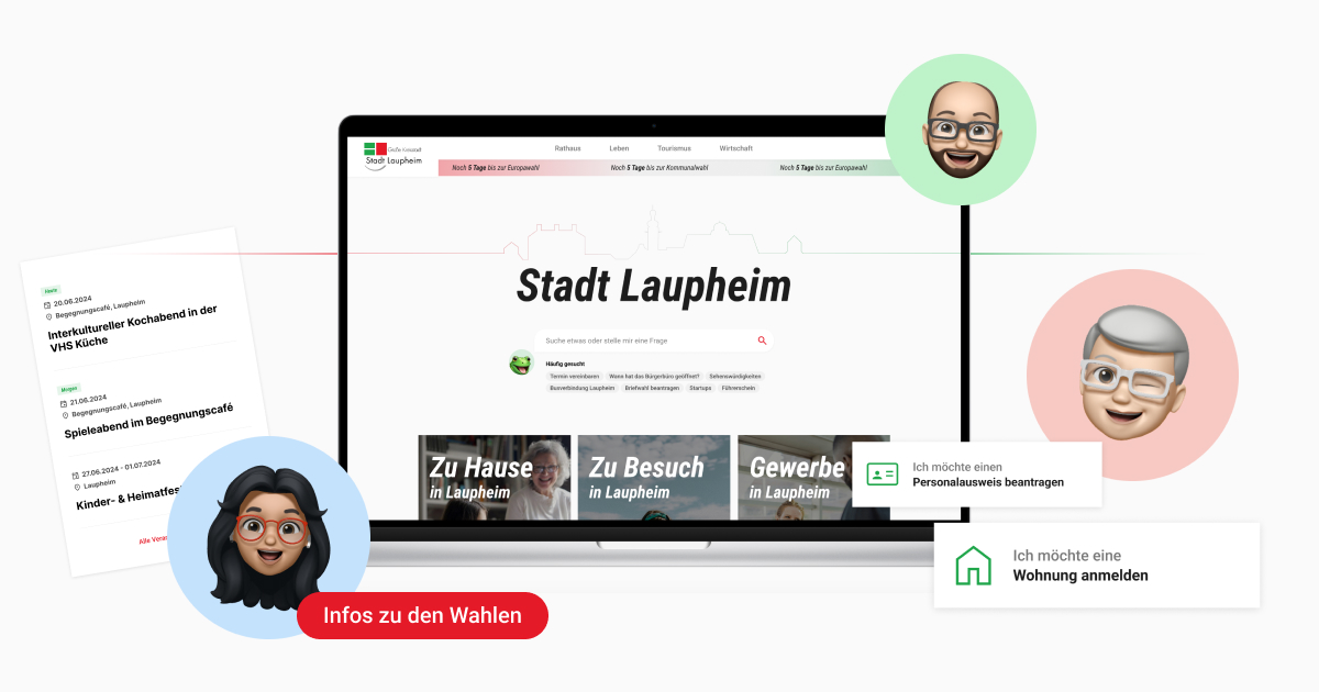 Ein MacBook zeigt die neugestaltete Website der Stadt Laupheim. Darum sind drei Persona Avatars auf farbigen Kreisen und verschiedene Komponenten der Website angeordnet.