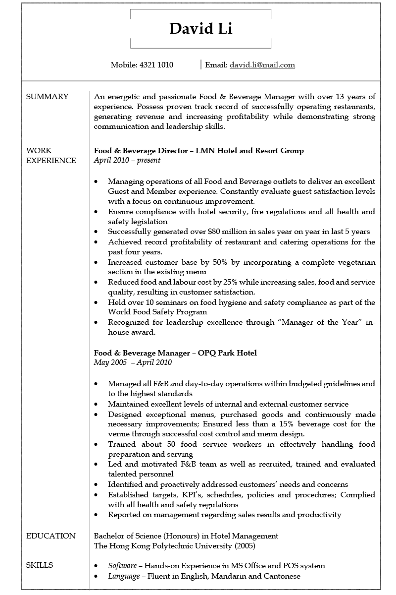 Resume amp CV Sample for Food and - HAPkL15hSdC2OGOJmgSf