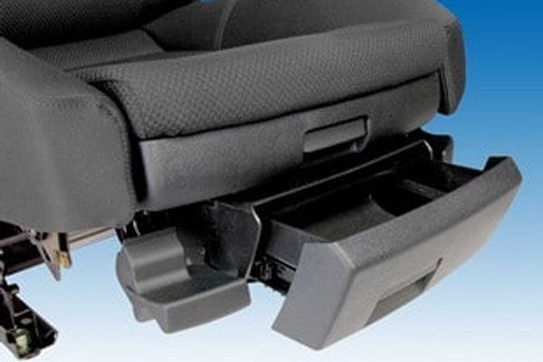 The drawer is fitted under the car seat on a compact slide for easy access