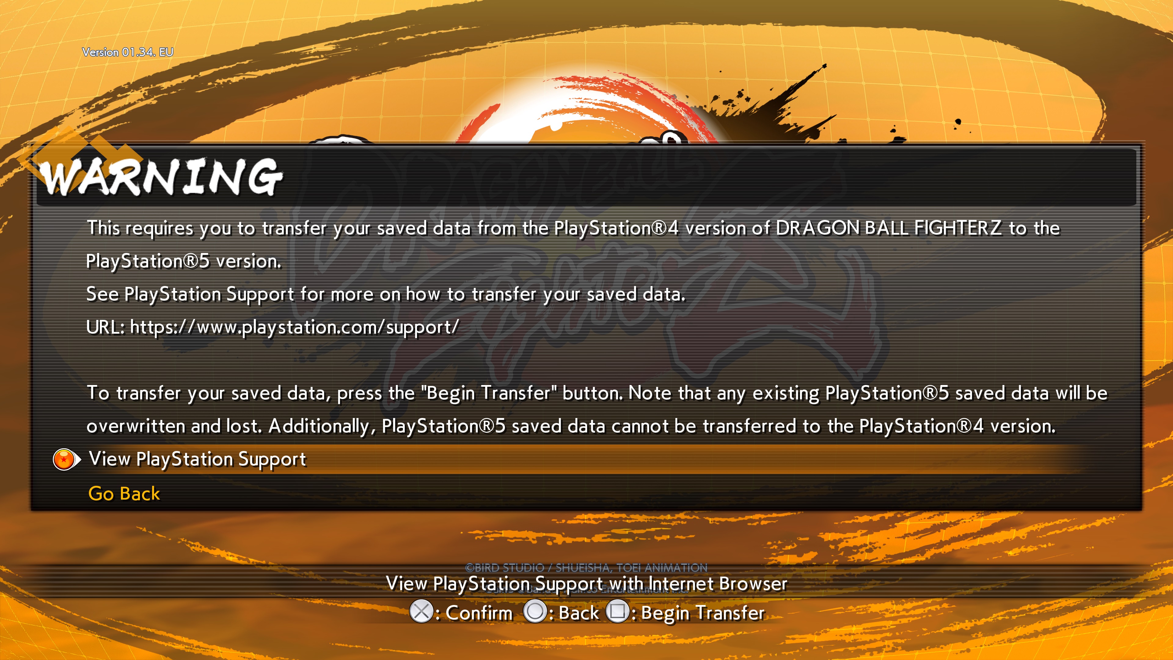 Warning message for transferring Playstation 4 saved data to the Playstation 5 version