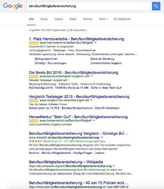 Ein Beispiel für eine Suchanfrage bei Google, bei der vier Anzeigen eingeblendet werden