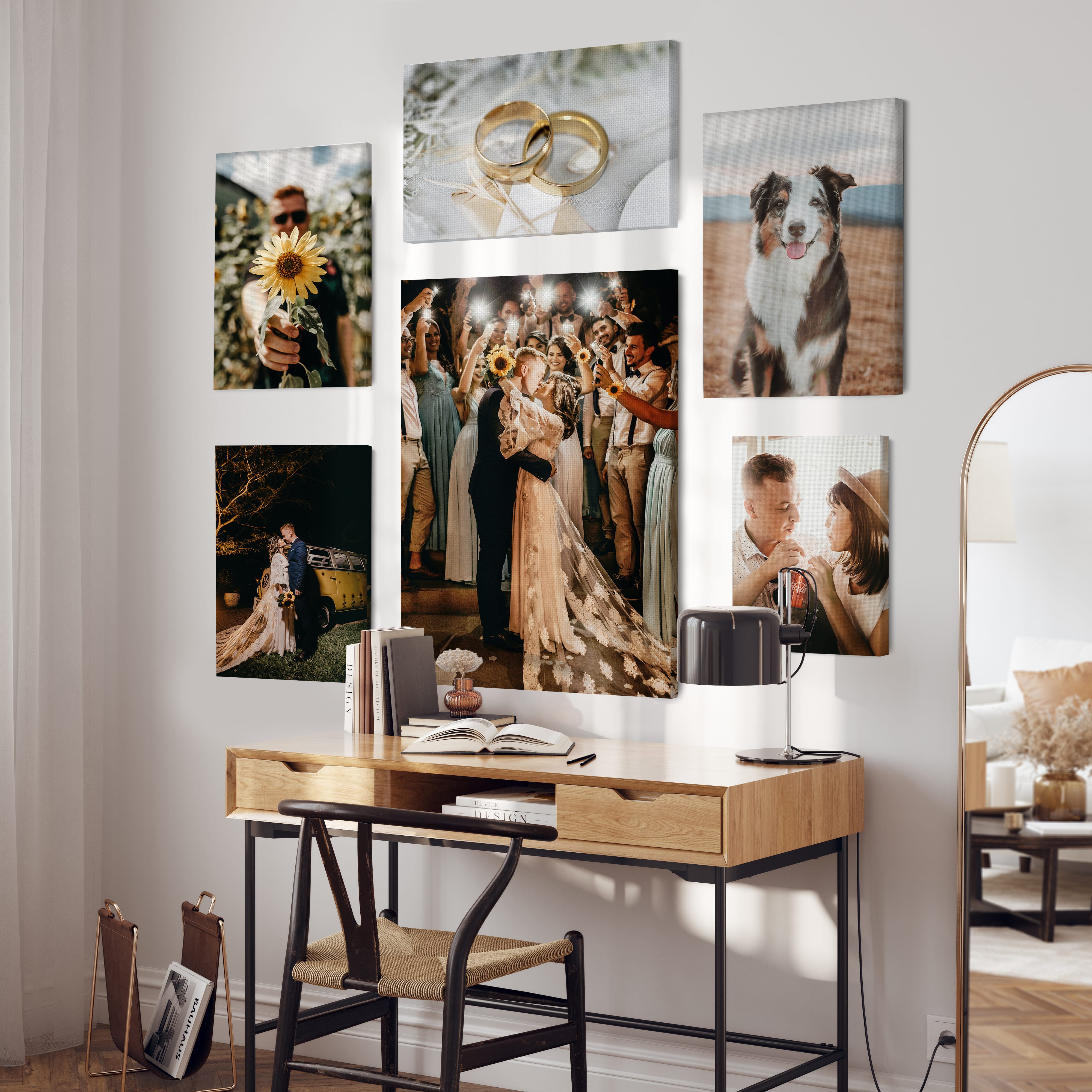 Canvas print gallery wall with wedding photos