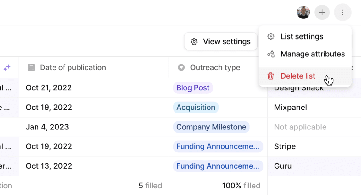 Close-up of the dropdown menu used for deleting lists and managing attributes.