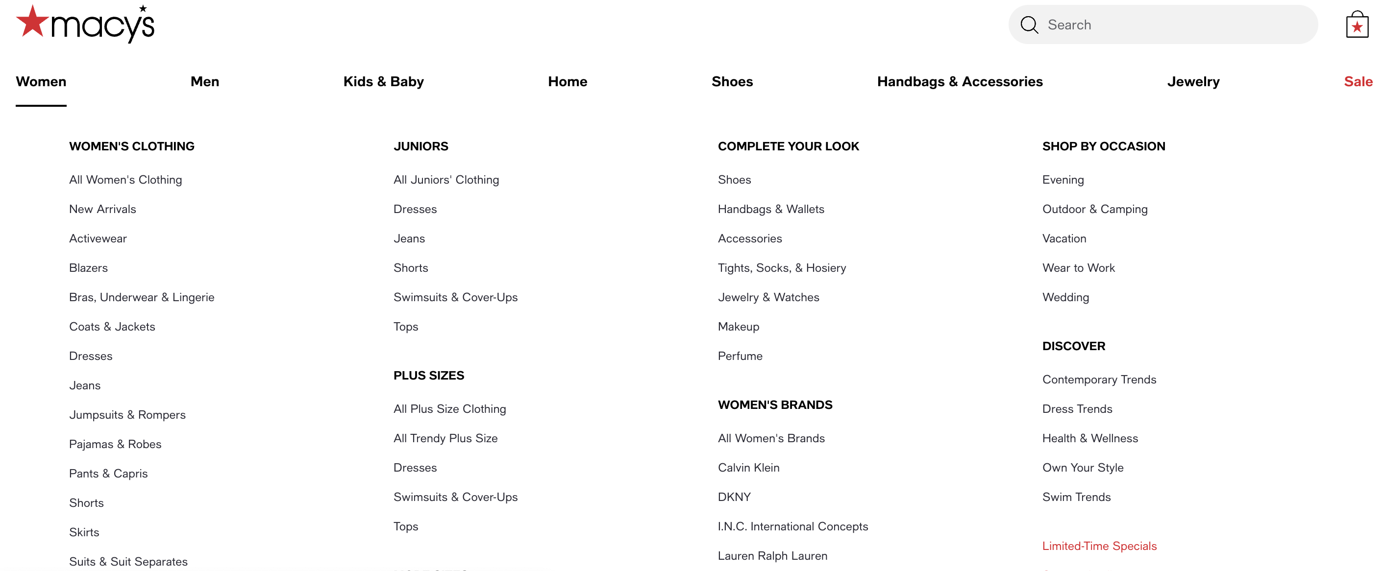 Macys product categorization tree with distinct categories