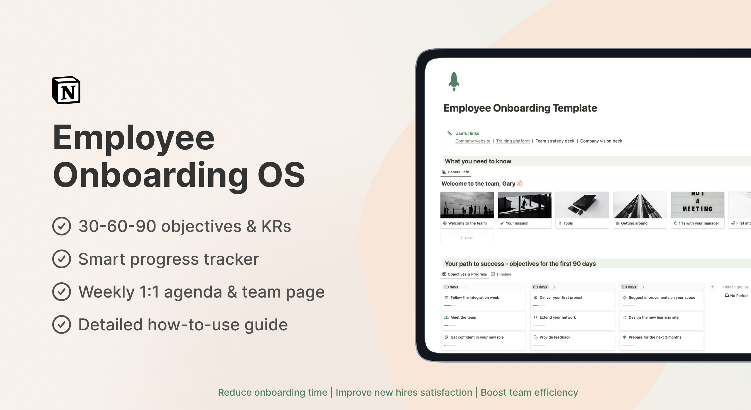 Employee onboarding template with 30-60-90 plan, objectives, and progress tracker.