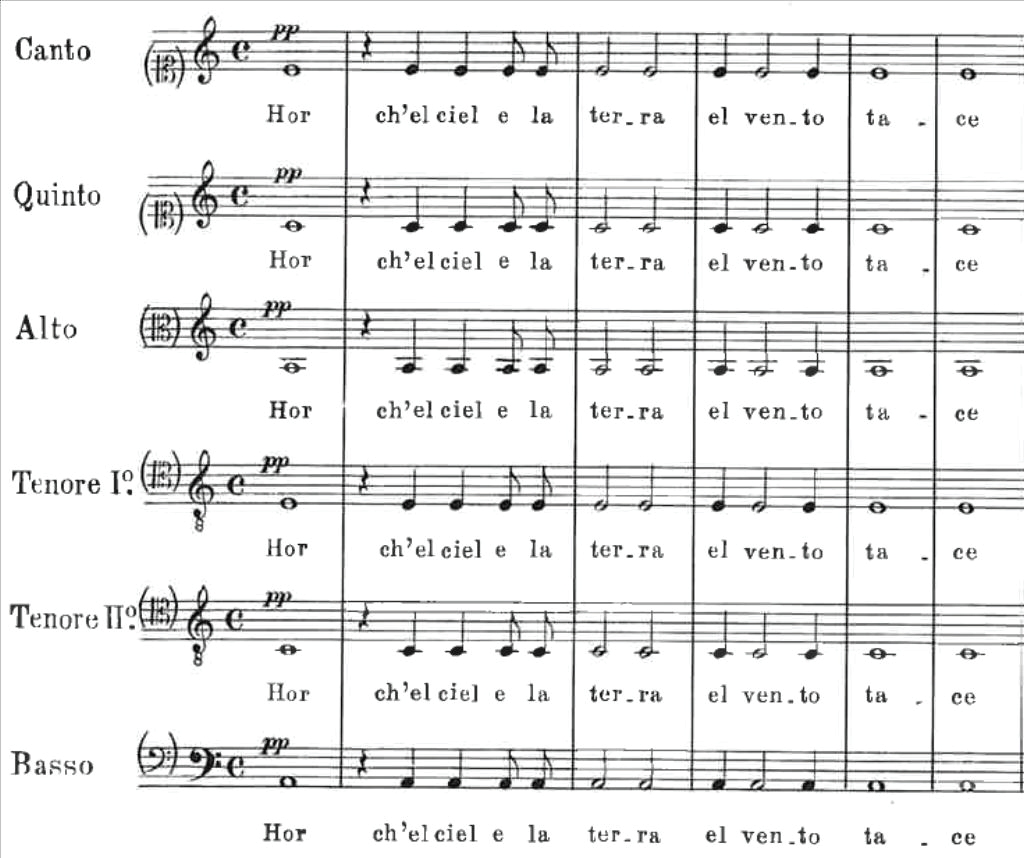 Example 3: Monteverdi, the opening of ***Hor che'l ciel e la terra*** (bars 1-6)