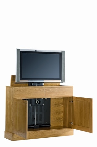 view of wooden tv stand with its doors open to showcase the LIFT-0127 TV lift installed.