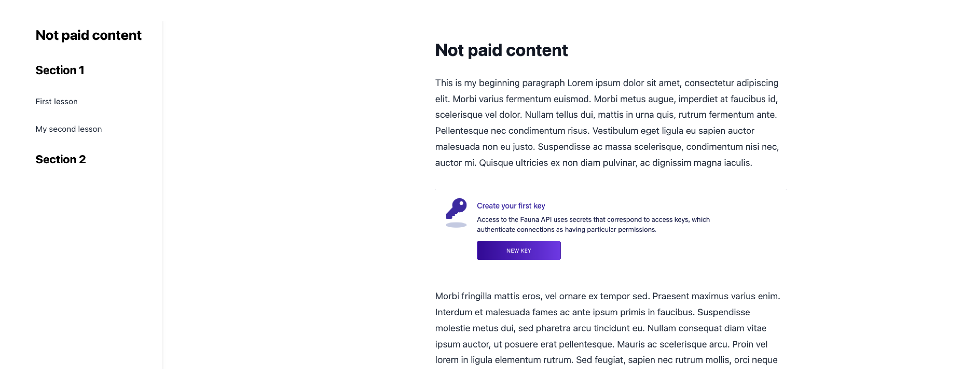"Not paid content" course page with sidebar nested navigation showing two modules with the first module showing two lessons