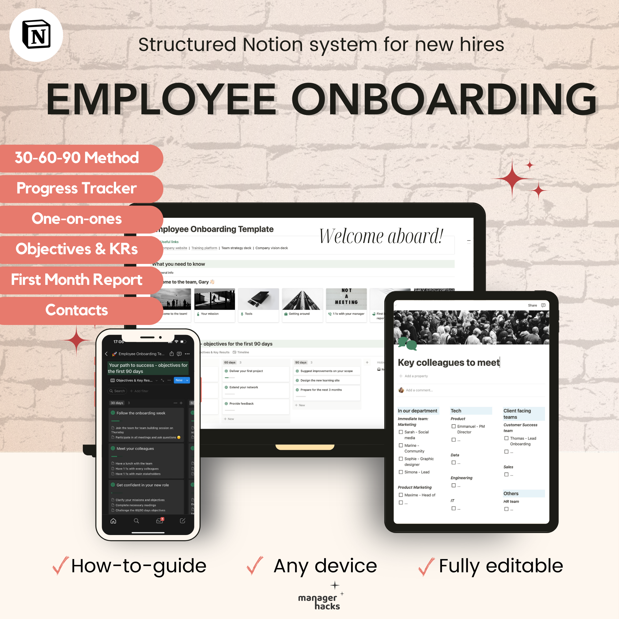 Employee Onboarding system with 30-60-90 plan, progress tracker, and key objectives.