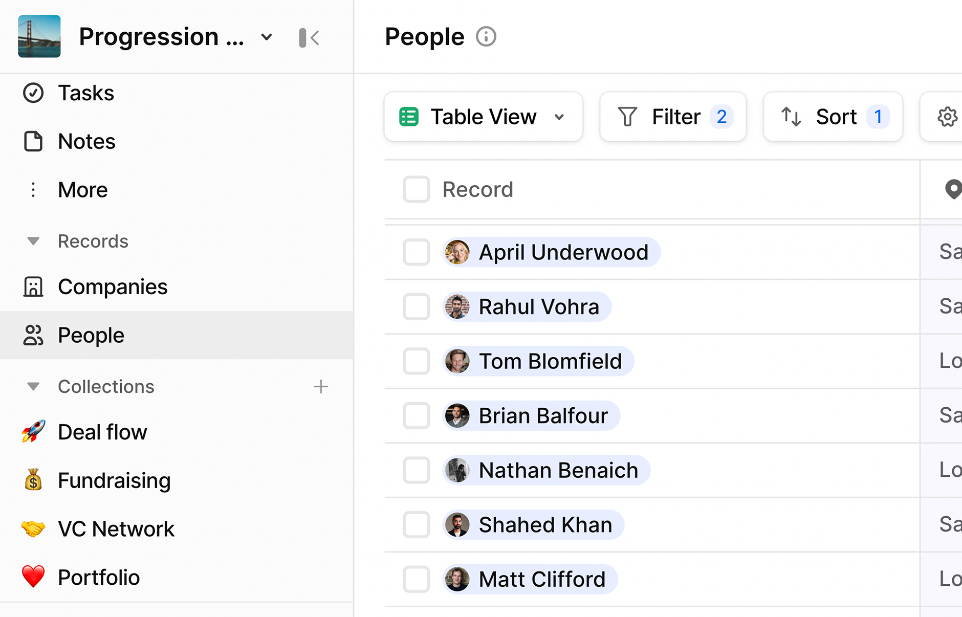The People tab in the Attio sidebar is selected, displaying every person record in an example workspace. This data is shown as a list of names with avatars in a spreadsheet style.