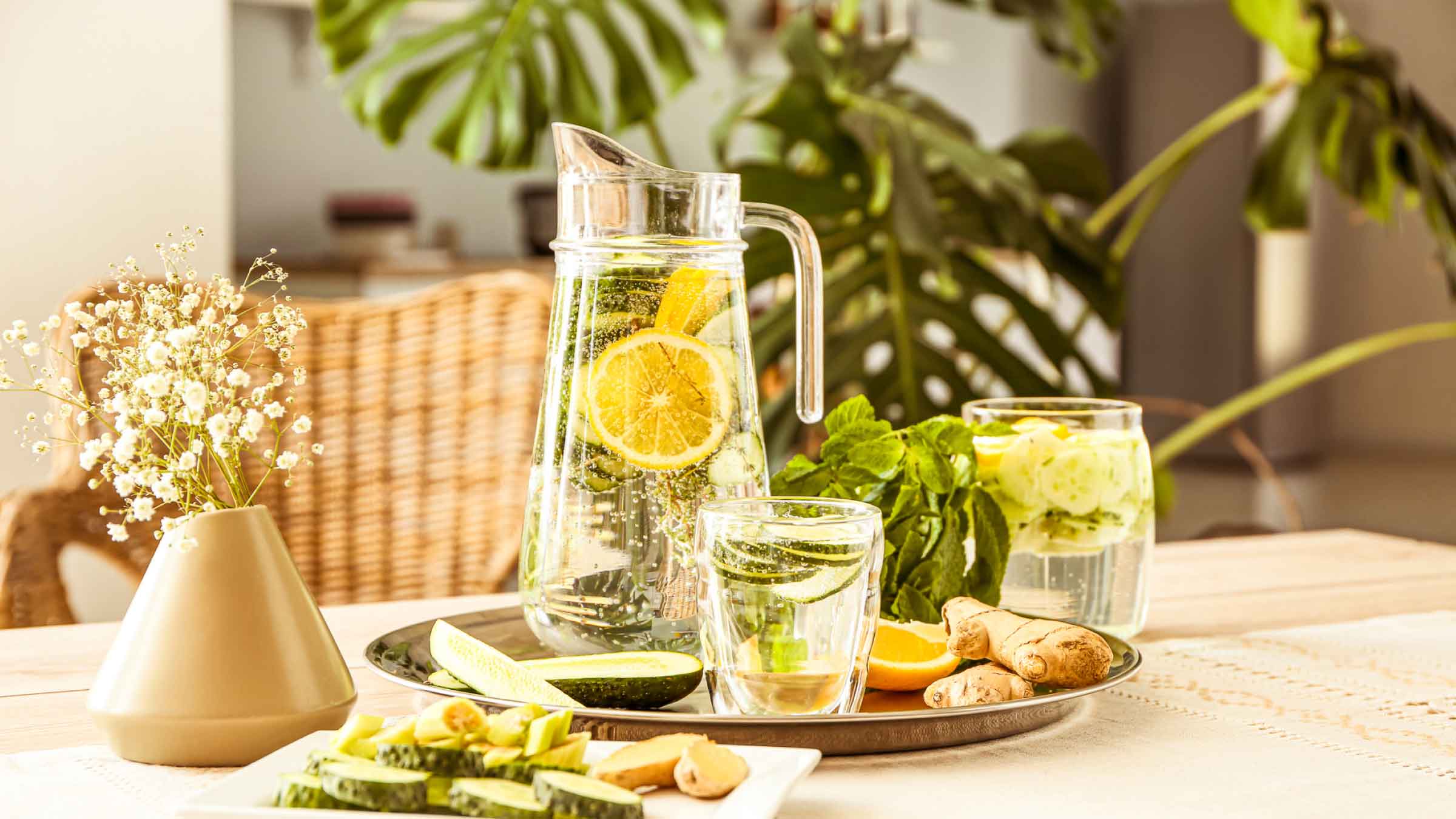 Table with a centrepiece of a tall jug and two glasses filled with water and slices of lemon and mint. Monsteria in the background.
