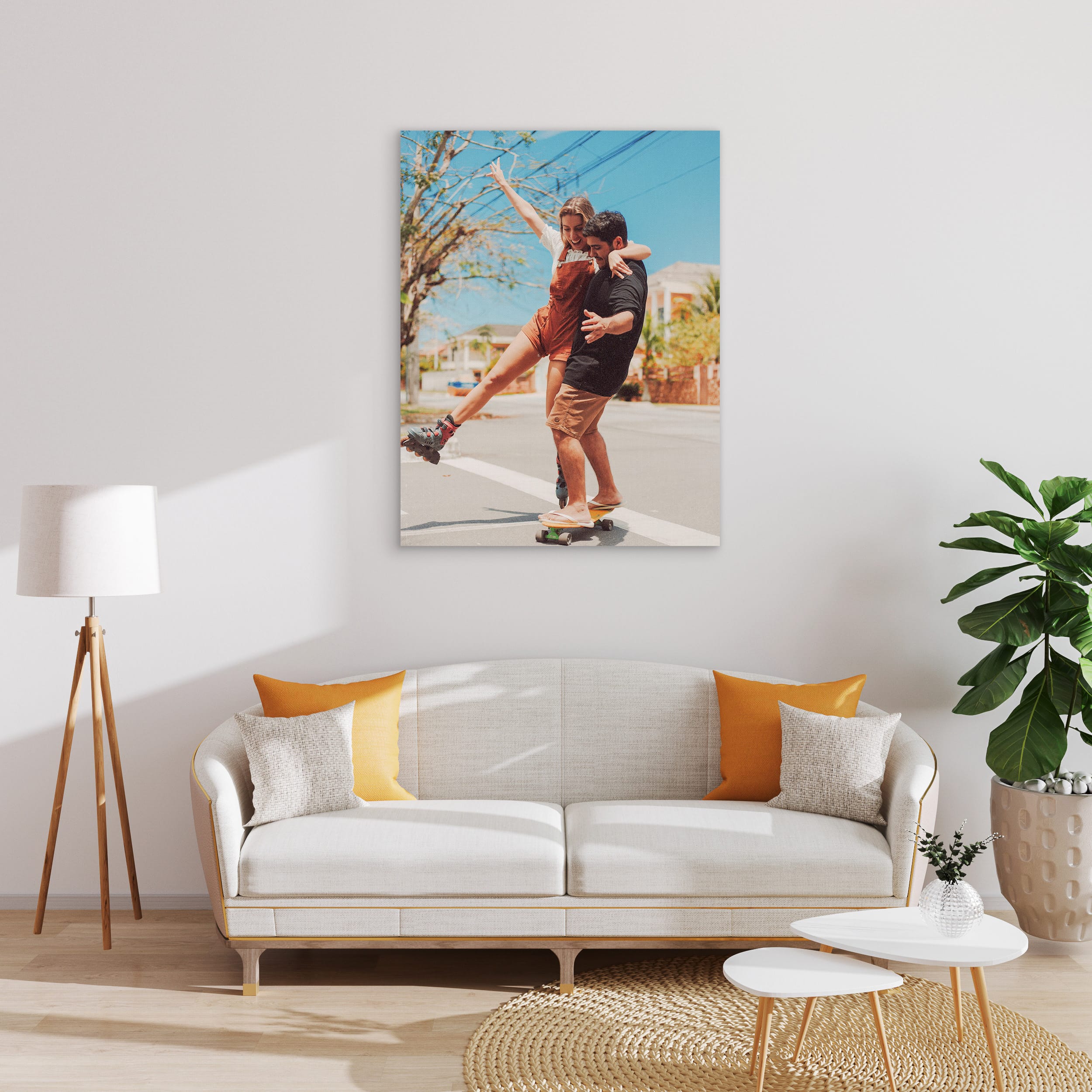 Canvas print in living room of two friends learning how to roller skate