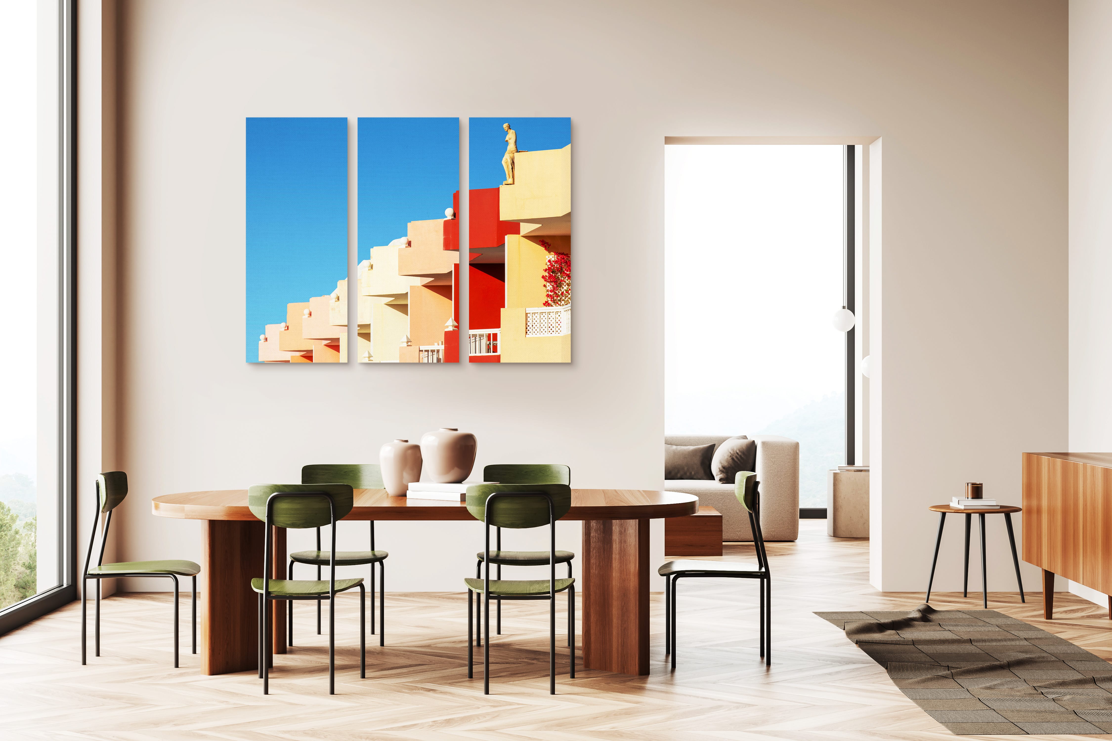 Triptych print in dining room