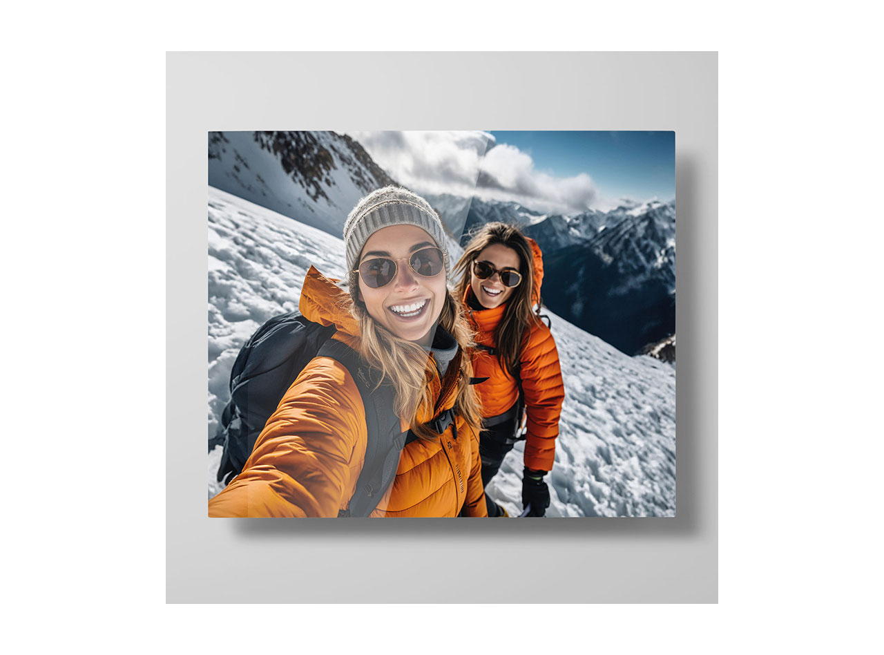 A photo of two friends vacationing in the mountains displayed on a premium metal print