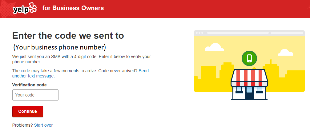 yelp business owner login confirm verification code screen