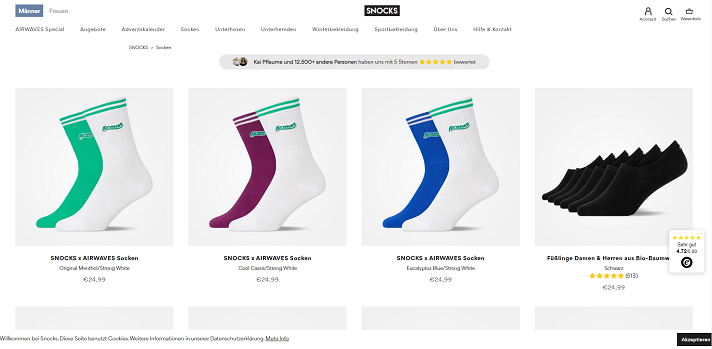 Screenshot of the fashion e-commerce business Snocks