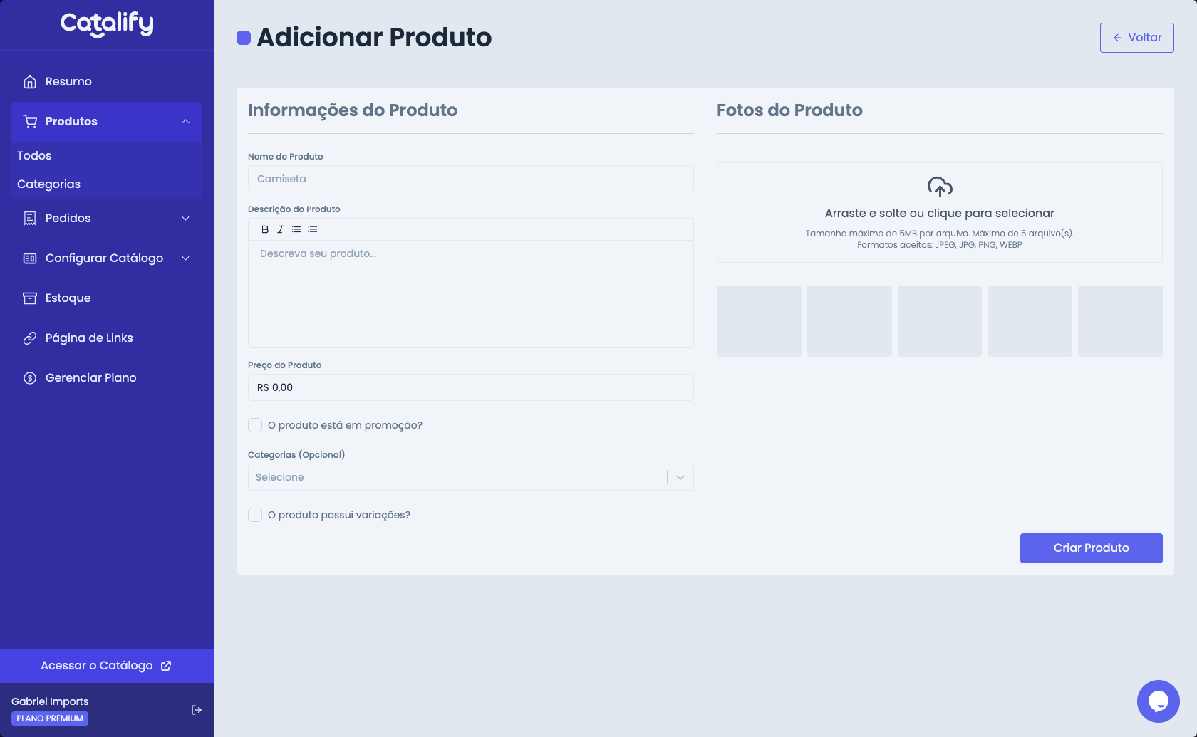 Dashboard - Product Form