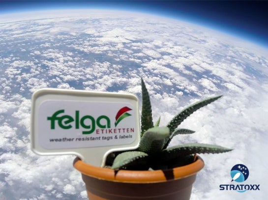 Kaktus über der Erde: Mit dem unbeschädigten Label wirbt Felga in der Stratosphäre. (Foto: Stratoxx)