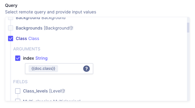 Class information field GraphQL settings showing "Class" Selected with the "index" argument provided by "{{doc.class}}"