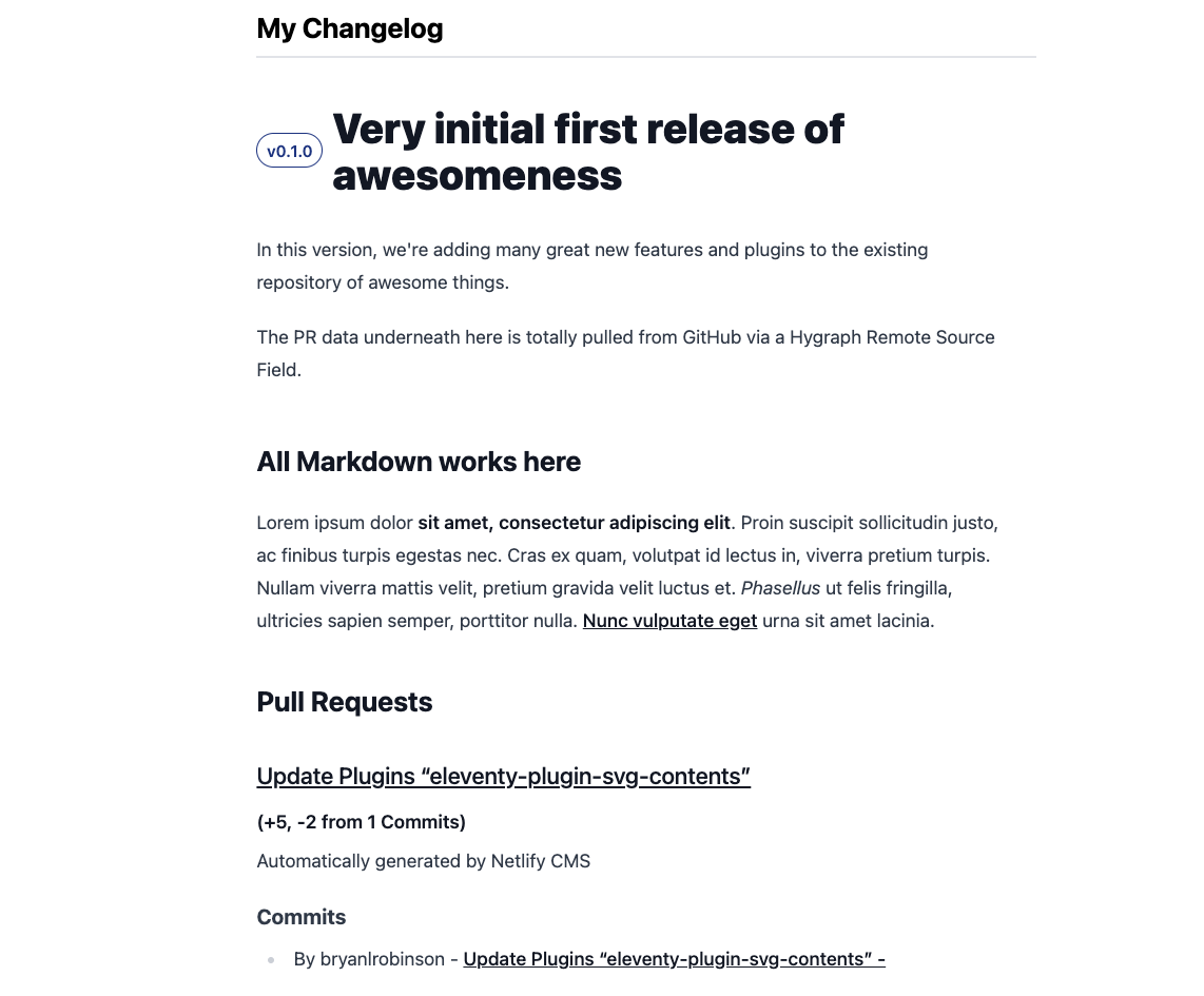Simple release page with marketing content and Pull Request information