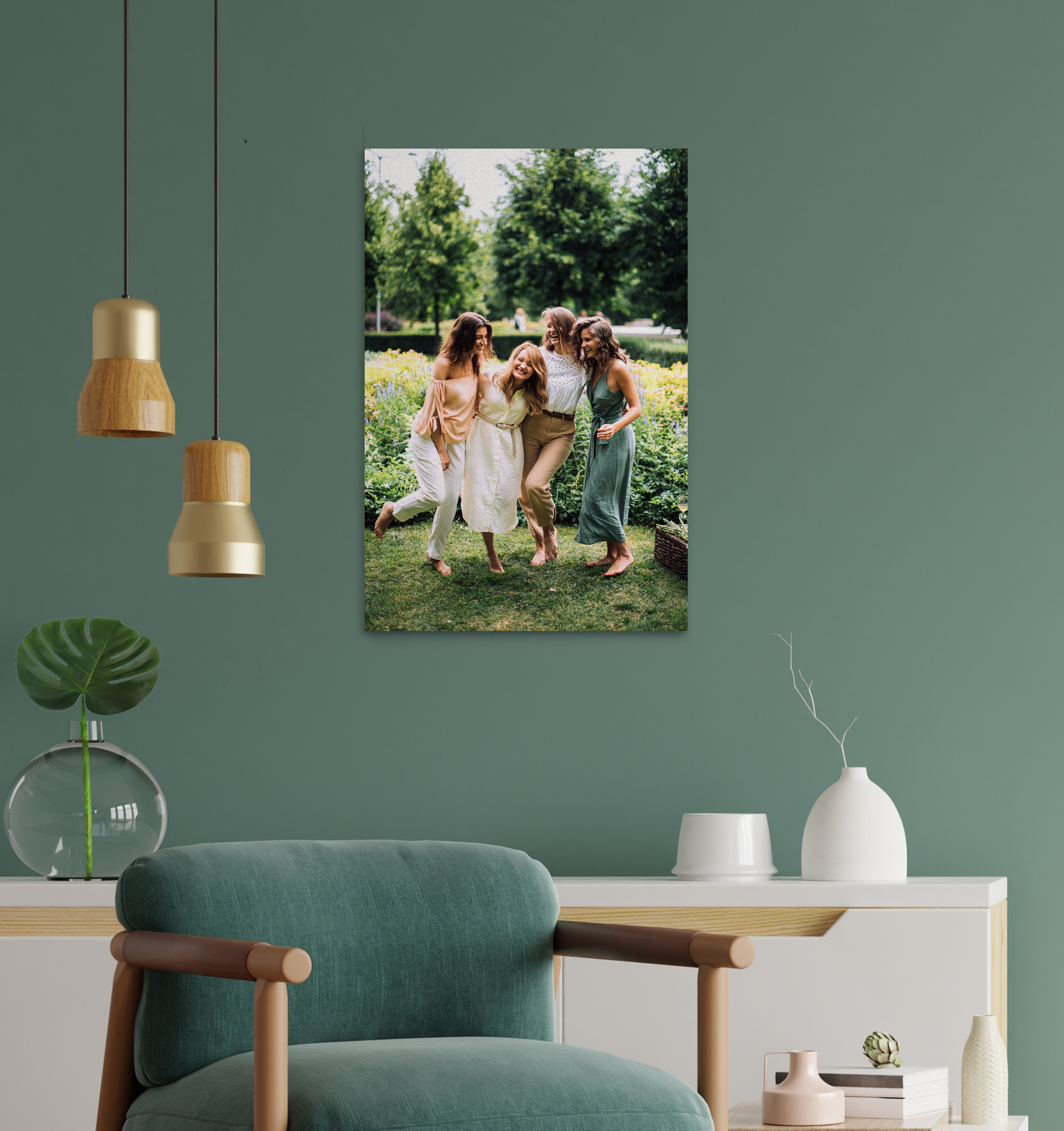 Canvas art of a group of girls with a green wall background